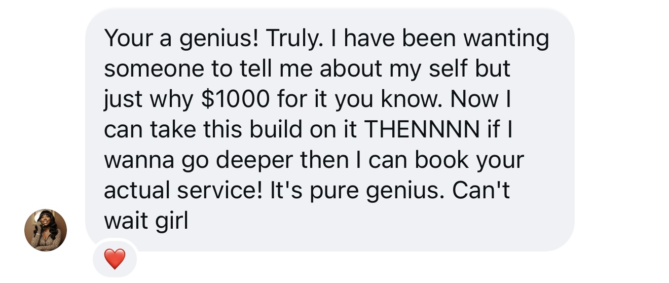Instagram DM: 'Your a genius! Truly... Now I can take this build on it, then if I wanna go deeper I can book your actual service.'